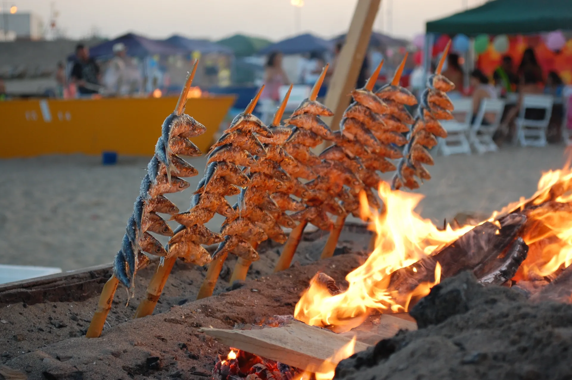 Espetos de sardines grillées sur un feu de bois, en bord de plage