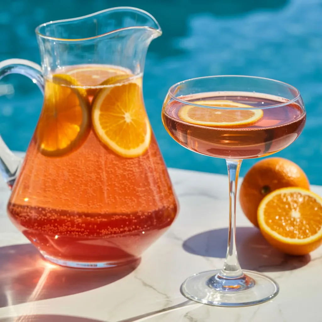 Pichet de sangria et coupe glacée sur une table ensoleillée