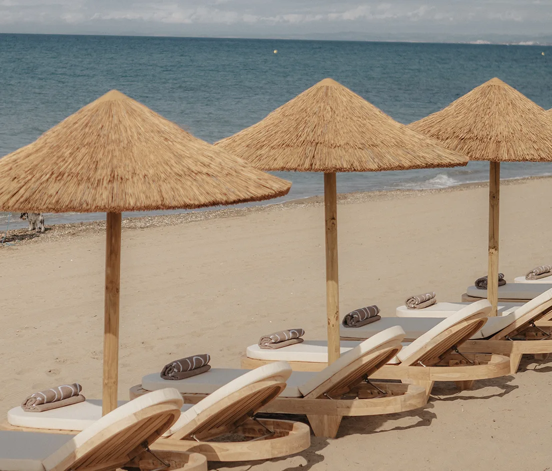 Parasols de paille et transats alignés sur le sable