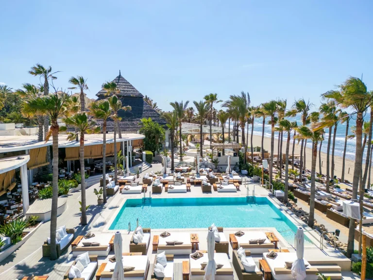 Piscine d'un beach club bordée de palmiers, à Marbella