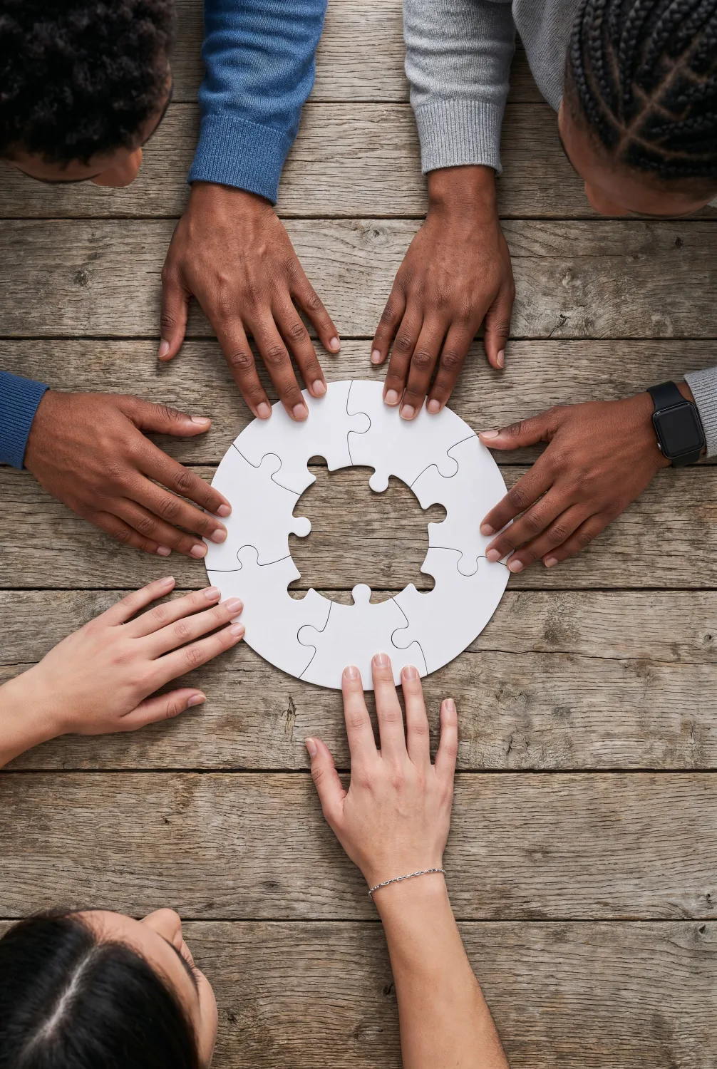 Mains de plusieurs personnes assemblant une pièce ronde sur une table