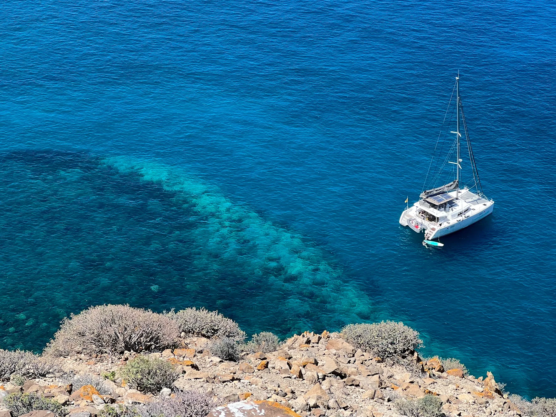 Catamaran sur une eau bleu profond, vue aérienne au large de Tenerife